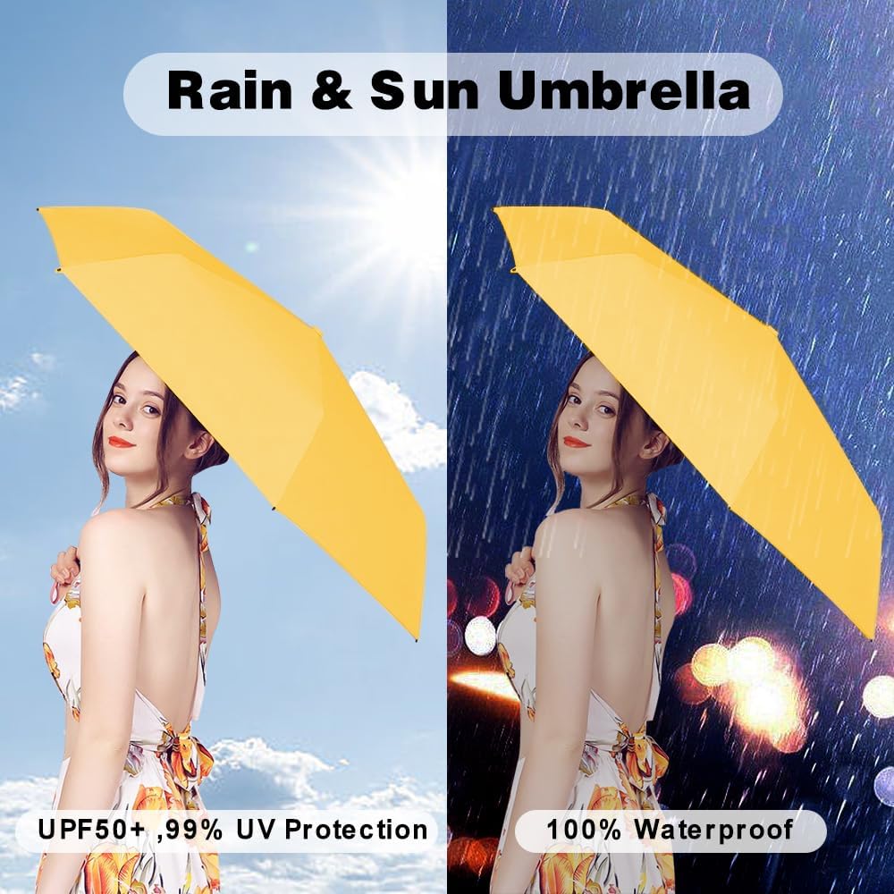Mini Sun Umbrella for Purse With Case,Yellow | Small Compact UV Umbrella Travel Essentials, Lightweight Portable Parasol Windproof for Women Men Kids