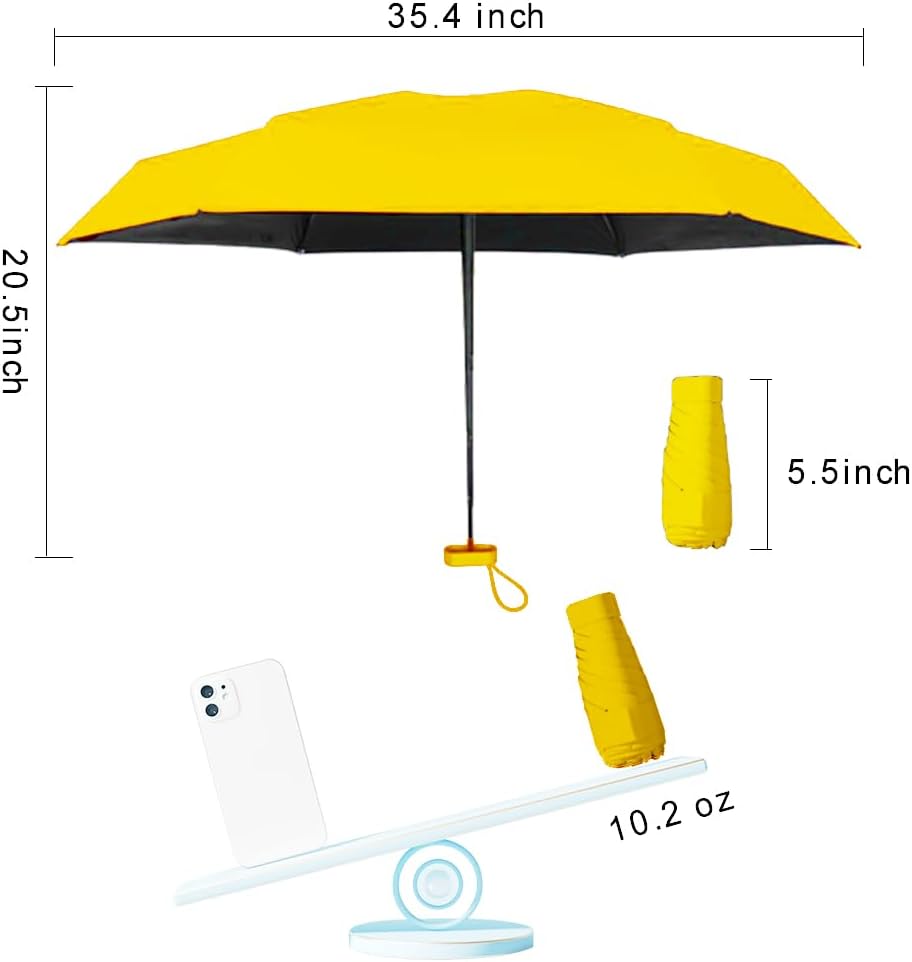 Mini Sun Umbrella for Purse With Case,Yellow | Small Compact UV Umbrella Travel Essentials, Lightweight Portable Parasol Windproof for Women Men Kids
