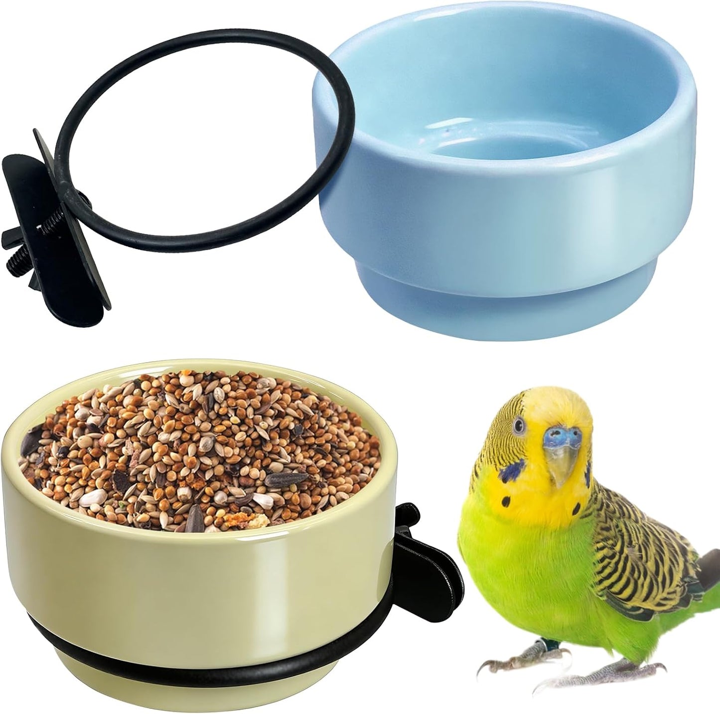 2 Pcs Bird Cage Feeder Ceramic Parrot Feeding Dish Pet Bird Bowls Hanging Parrot Food Bowl for Budgie Finches Lovebirds Parakeet Cockatiels (Yellow & Blue)