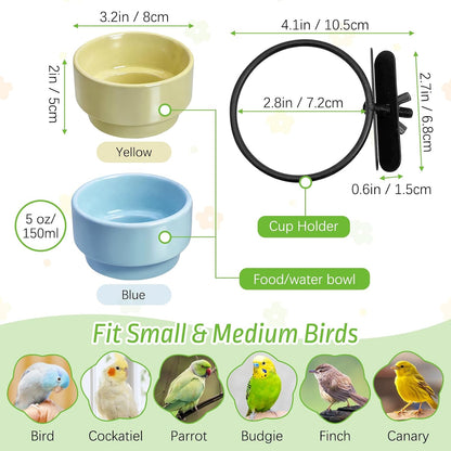 2 Pcs Bird Cage Feeder Ceramic Parrot Feeding Dish Pet Bird Bowls Hanging Parrot Food Bowl for Budgie Finches Lovebirds Parakeet Cockatiels (Yellow & Blue)