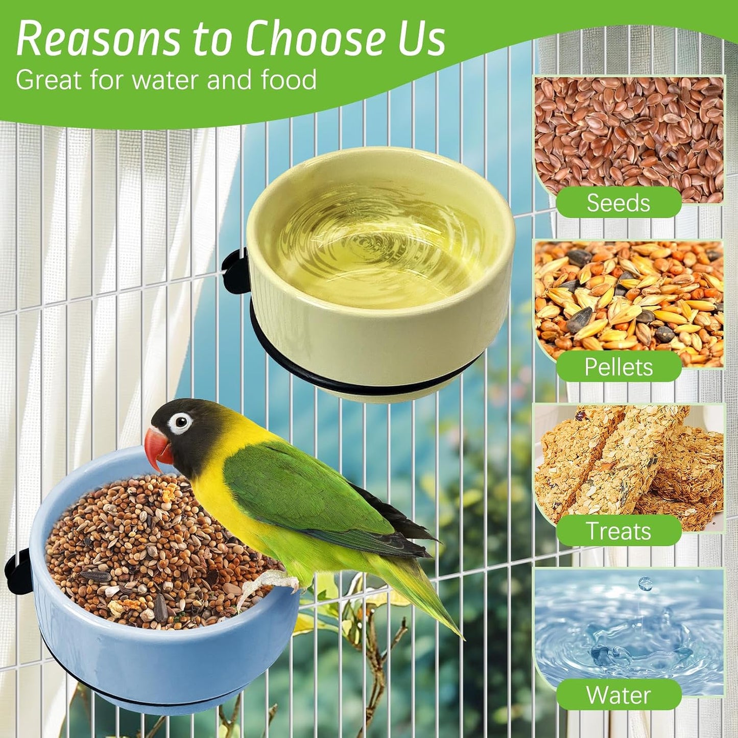 2 Pcs Bird Cage Feeder Ceramic Parrot Feeding Dish Pet Bird Bowls Hanging Parrot Food Bowl for Budgie Finches Lovebirds Parakeet Cockatiels (Yellow & Blue)