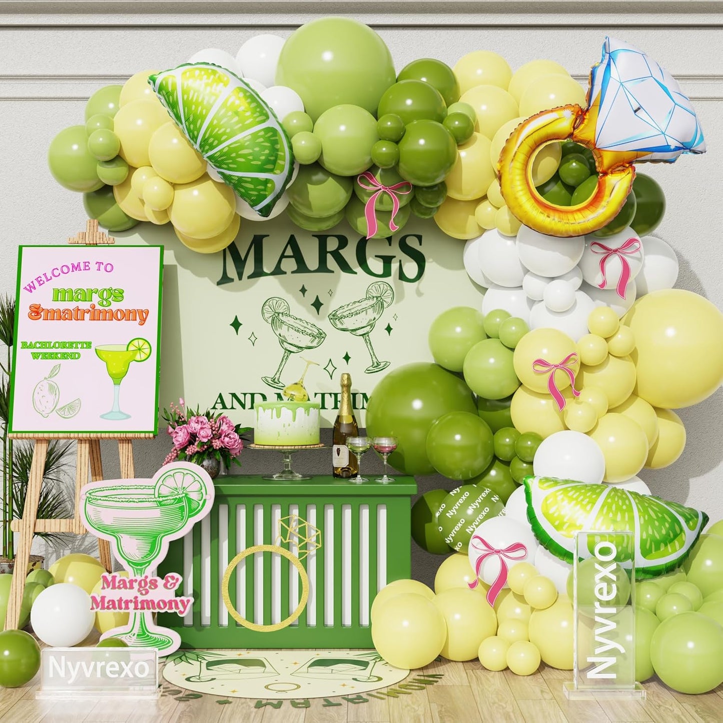 154Pcs Margs and Matrimony Bachelorette Balloon Garland Arch Kit | Dusty Green and Yellow Lemonade Martini Balloons for Bridal Shower Last Single Celebration Wedding Birthday Party Decorations