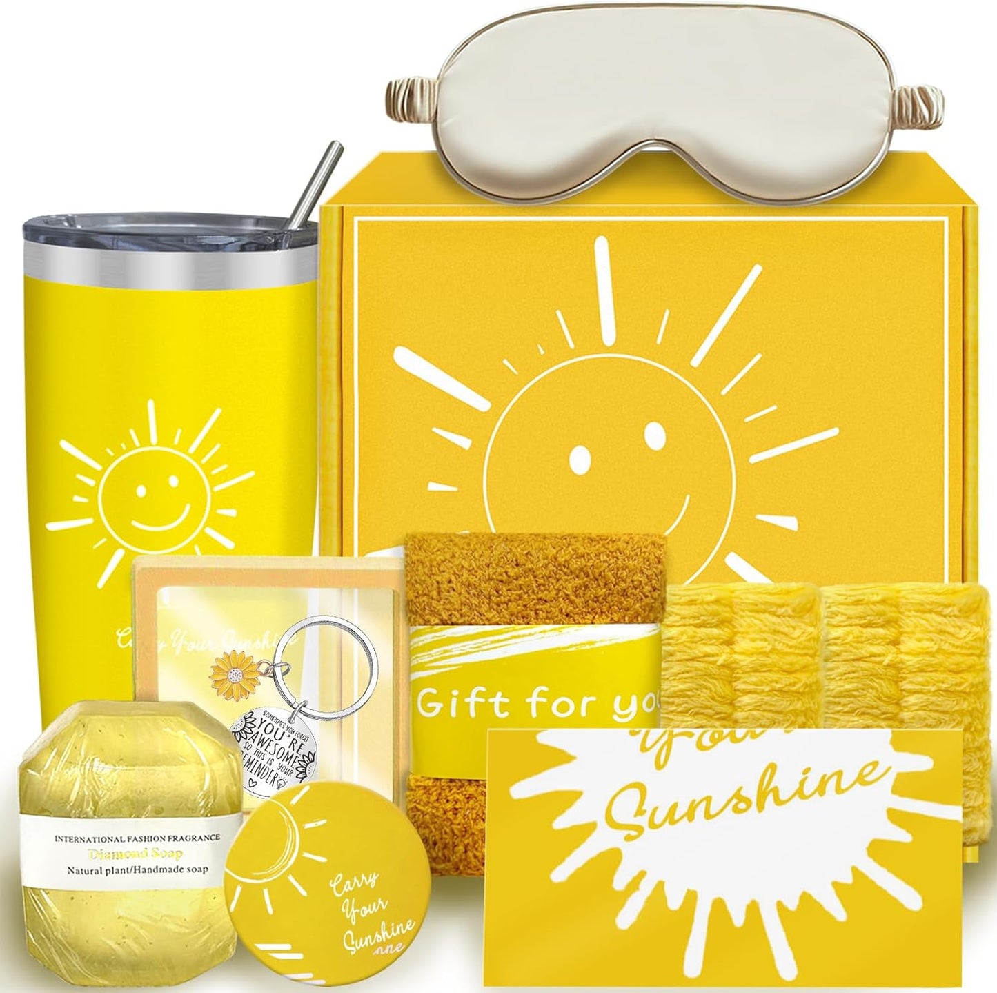 Yellow Get Well Gift Basket for Women – 9pc Sunshine Cheer Up Box | 20oz Tumbler,Socks,keychain, soap, wristband,sleep mask,blank card. Yellow box for sick friend, recovery, or just because.