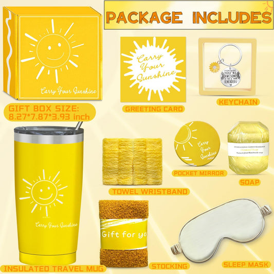 Yellow Get Well Gift Basket for Women – 9pc Sunshine Cheer Up Box | 20oz Tumbler,Socks,keychain, soap, wristband,sleep mask,blank card. Yellow box for sick friend, recovery, or just because.