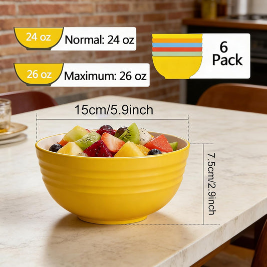 6 Piece Unbreakable Wheat Straw Bowl Set, 26oz/770ml Microwave & Dishwasher Safe Cereal Bowls, BPA-Free Shatterproof Containers for Soup, Salad, Snacks, Rice, Noodles, Kitchen & Dining (Yellow)