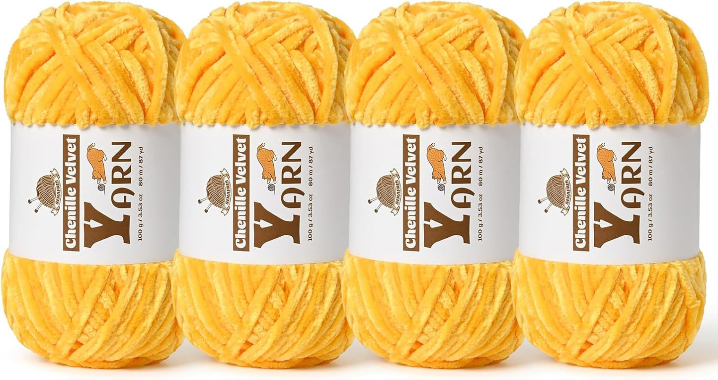 Chenille Crochet Golden Yellow Yarn 4 Pack | Fluffy Velvet Yarn Blanket Knitting Yarn for Crocheting Soft Baby Yarn