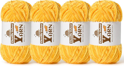Chenille Crochet Golden Yellow Yarn 4 Pack | Fluffy Velvet Yarn Blanket Knitting Yarn for Crocheting Soft Baby Yarn