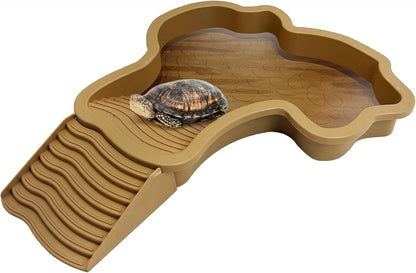 Large Reptile Bathing Pool Tortoise Water Dish with Removable Ramp and Leaf Reptile Food Dish & Water Bowl Tortoise Habitat Accessories for Turtle Lizard Gecko Snake (Yellow)
