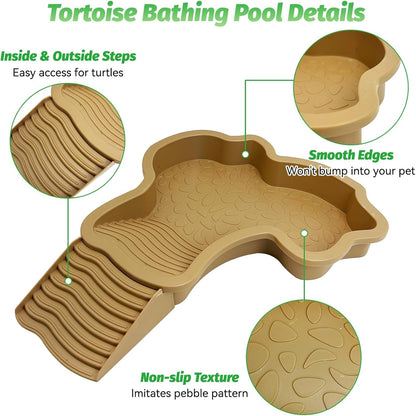 Large Reptile Bathing Pool Tortoise Water Dish with Removable Ramp and Leaf Reptile Food Dish & Water Bowl Tortoise Habitat Accessories for Turtle Lizard Gecko Snake (Yellow)