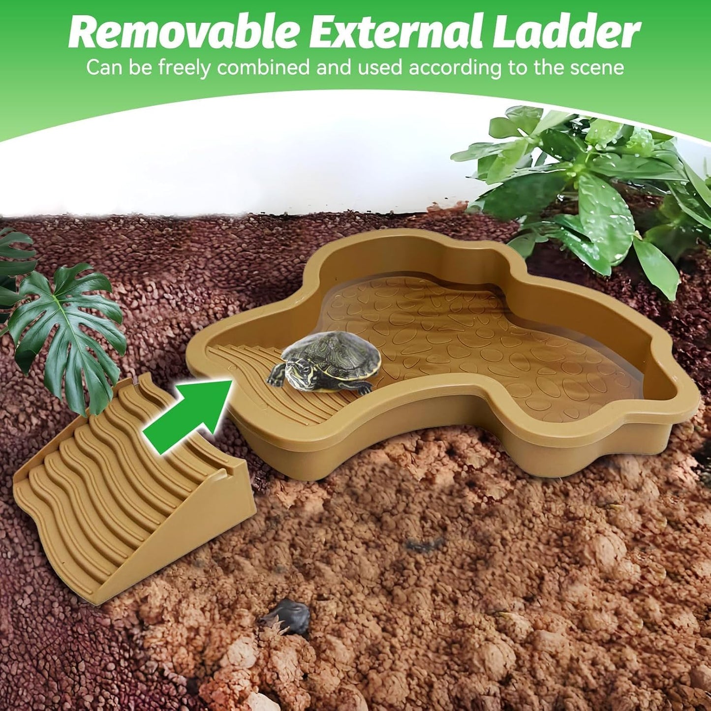 Large Reptile Bathing Pool Tortoise Water Dish with Removable Ramp and Leaf Reptile Food Dish & Water Bowl Tortoise Habitat Accessories for Turtle Lizard Gecko Snake (Yellow)