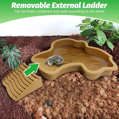 Large Reptile Bathing Pool Tortoise Water Dish with Removable Ramp and Leaf Reptile Food Dish & Water Bowl Tortoise Habitat Accessories for Turtle Lizard Gecko Snake (Yellow)
