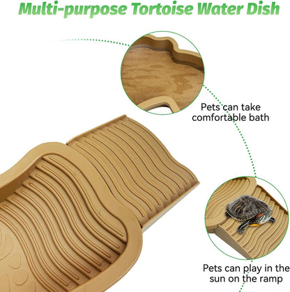 Large Reptile Bathing Pool Tortoise Water Dish with Removable Ramp and Leaf Reptile Food Dish & Water Bowl Tortoise Habitat Accessories for Turtle Lizard Gecko Snake (Yellow)