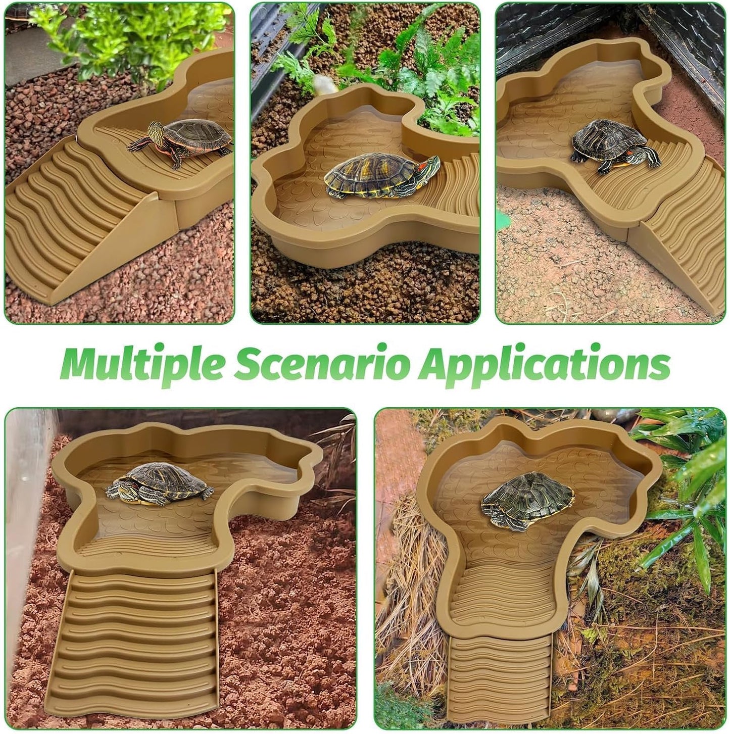 Large Reptile Bathing Pool Tortoise Water Dish with Removable Ramp and Leaf Reptile Food Dish & Water Bowl Tortoise Habitat Accessories for Turtle Lizard Gecko Snake (Yellow)