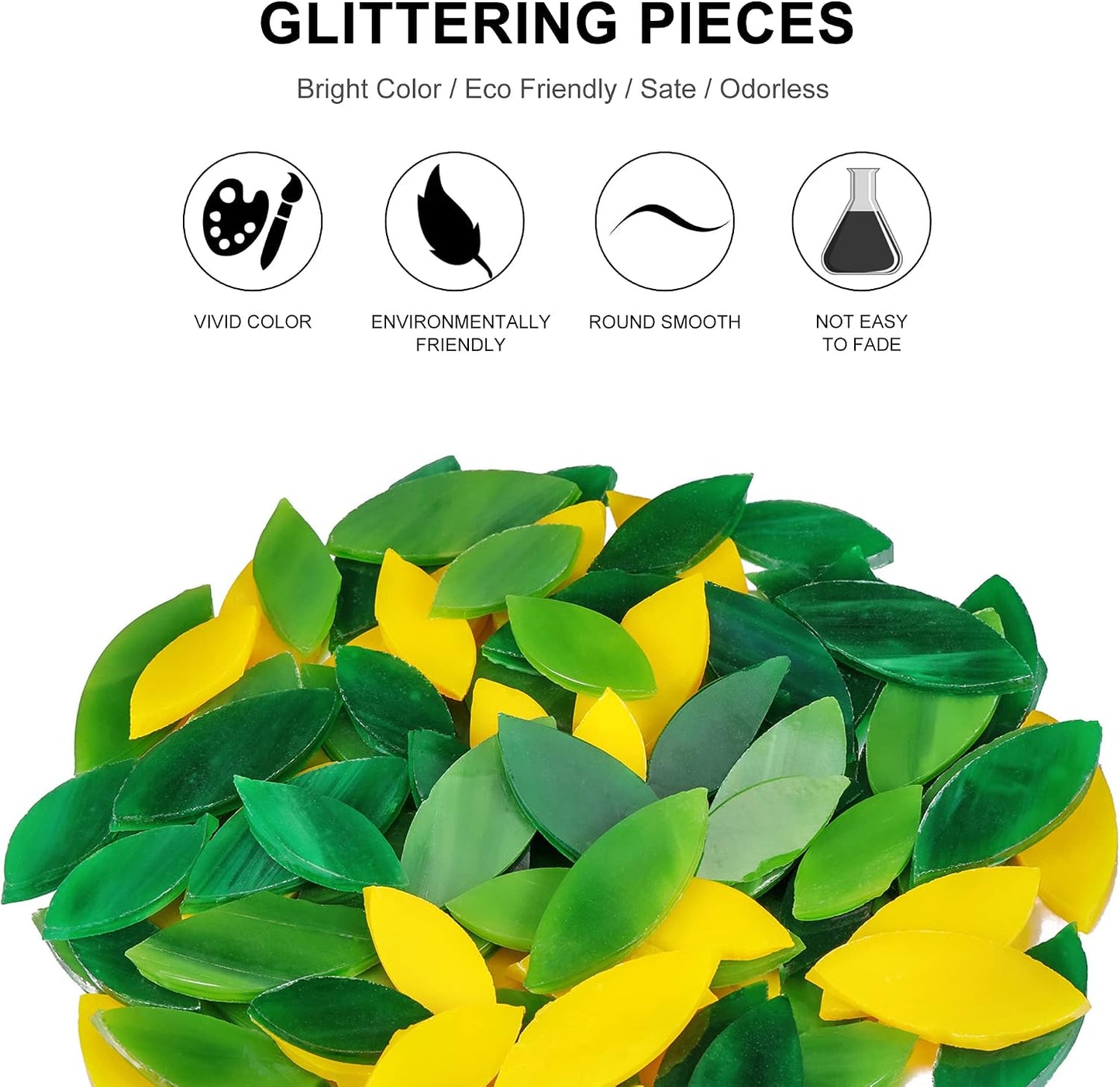 100 Pieces Petal Mosaic Tiles, Hand-Cut Stained Glass Flower Leaves Tiles for Art Craft and Home Decorations (Green & Yellower)