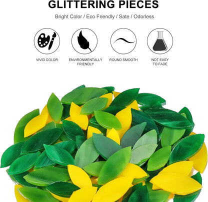 100 Pieces Petal Mosaic Tiles, Hand-Cut Stained Glass Flower Leaves Tiles for Art Craft and Home Decorations (Green & Yellower)