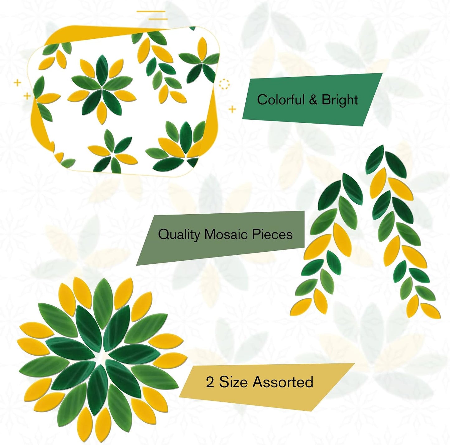 100 Pieces Petal Mosaic Tiles, Hand-Cut Stained Glass Flower Leaves Tiles for Art Craft and Home Decorations (Green & Yellower)