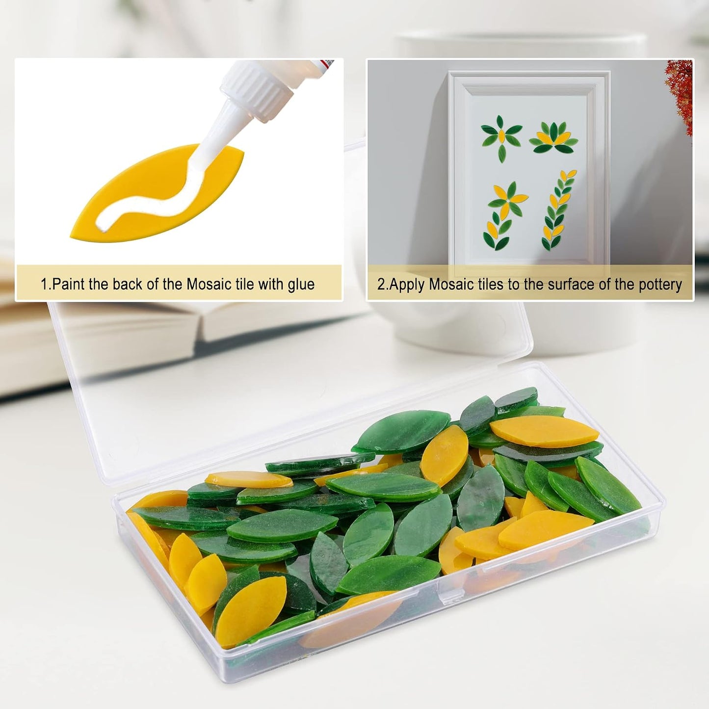 100 Pieces Petal Mosaic Tiles, Hand-Cut Stained Glass Flower Leaves Tiles for Art Craft and Home Decorations (Green & Yellower)