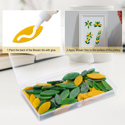 100 Pieces Petal Mosaic Tiles, Hand-Cut Stained Glass Flower Leaves Tiles for Art Craft and Home Decorations (Green & Yellower)