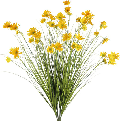 4 Pcs Artificial Plants Onion Grass Outdoor 37" Fake Tall Grass with Daisy Wildflowers Yellow Artificial Wheat Grass Faux Shrubs Bush Greenery Stems for Indoor Garden Outside Office Home Decor