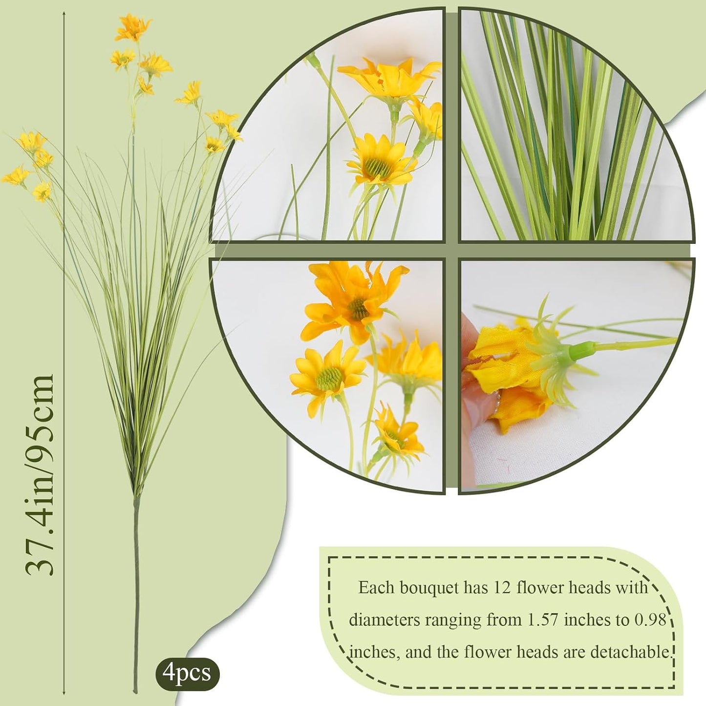 4 Pcs Artificial Plants Onion Grass Outdoor 37" Fake Tall Grass with Daisy Wildflowers Yellow Artificial Wheat Grass Faux Shrubs Bush Greenery Stems for Indoor Garden Outside Office Home Decor