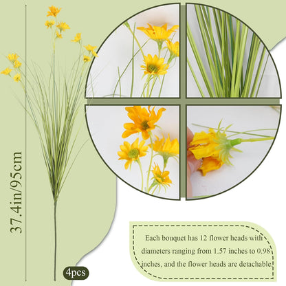 4 Pcs Artificial Plants Onion Grass Outdoor 37" Fake Tall Grass with Daisy Wildflowers Yellow Artificial Wheat Grass Faux Shrubs Bush Greenery Stems for Indoor Garden Outside Office Home Decor