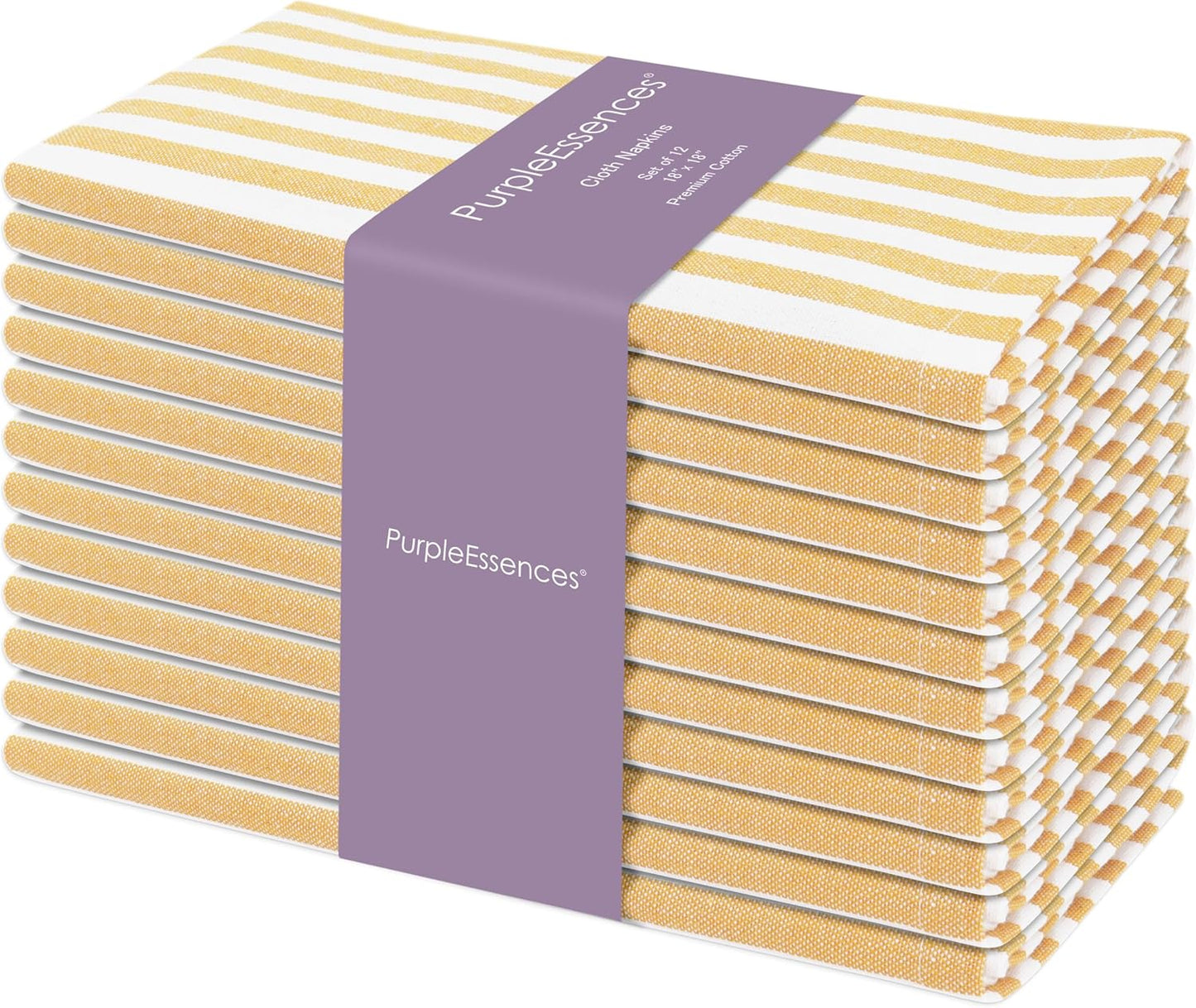 Plain Striped Cloth Napkins - Set of 12-100% Cotton - 18 x 18 Inch - Spring Easter Summer and Perfect Everyday Use Dinner Napkin - Golden Yellow White