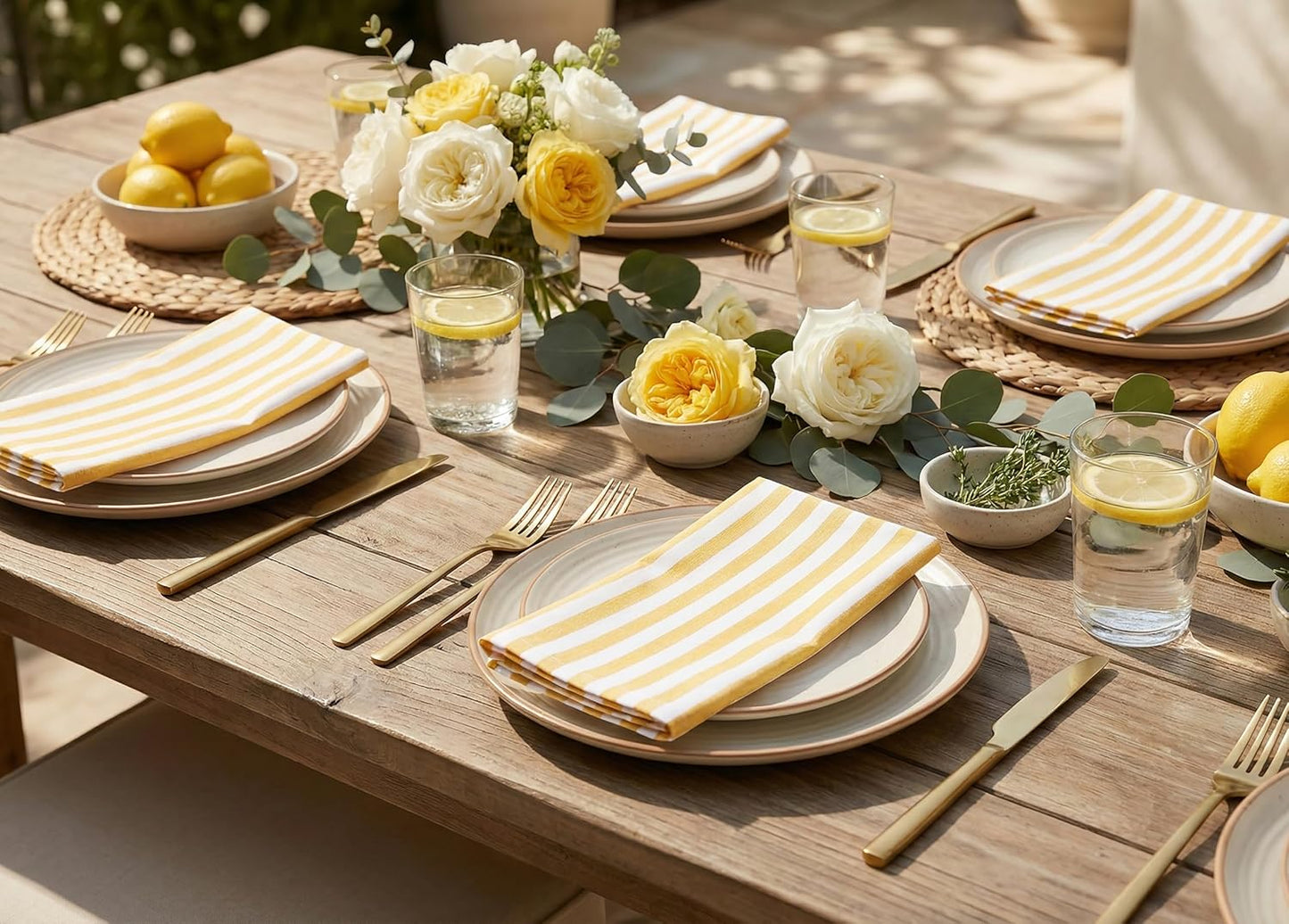 Plain Striped Cloth Napkins - Set of 12-100% Cotton - 18 x 18 Inch - Spring Easter Summer and Perfect Everyday Use Dinner Napkin - Golden Yellow White