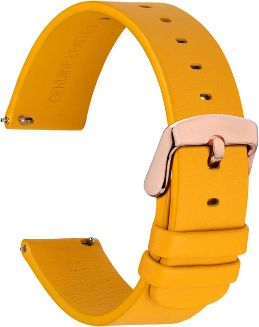 WOCCI 20mm Flexible Leather Watch Band for Smart Watch with Rose Gold Buckle (Yellow)
