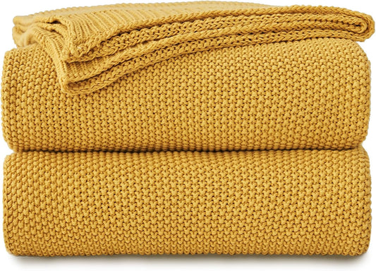 Mustard Yellow Cotton Cable Knit Throw Blanket for Couch Sofa Bed, Home Decorative Lightweight Knitted Blankets with Bonus Laundering Bag, 50“ x 60”, Machine Washable