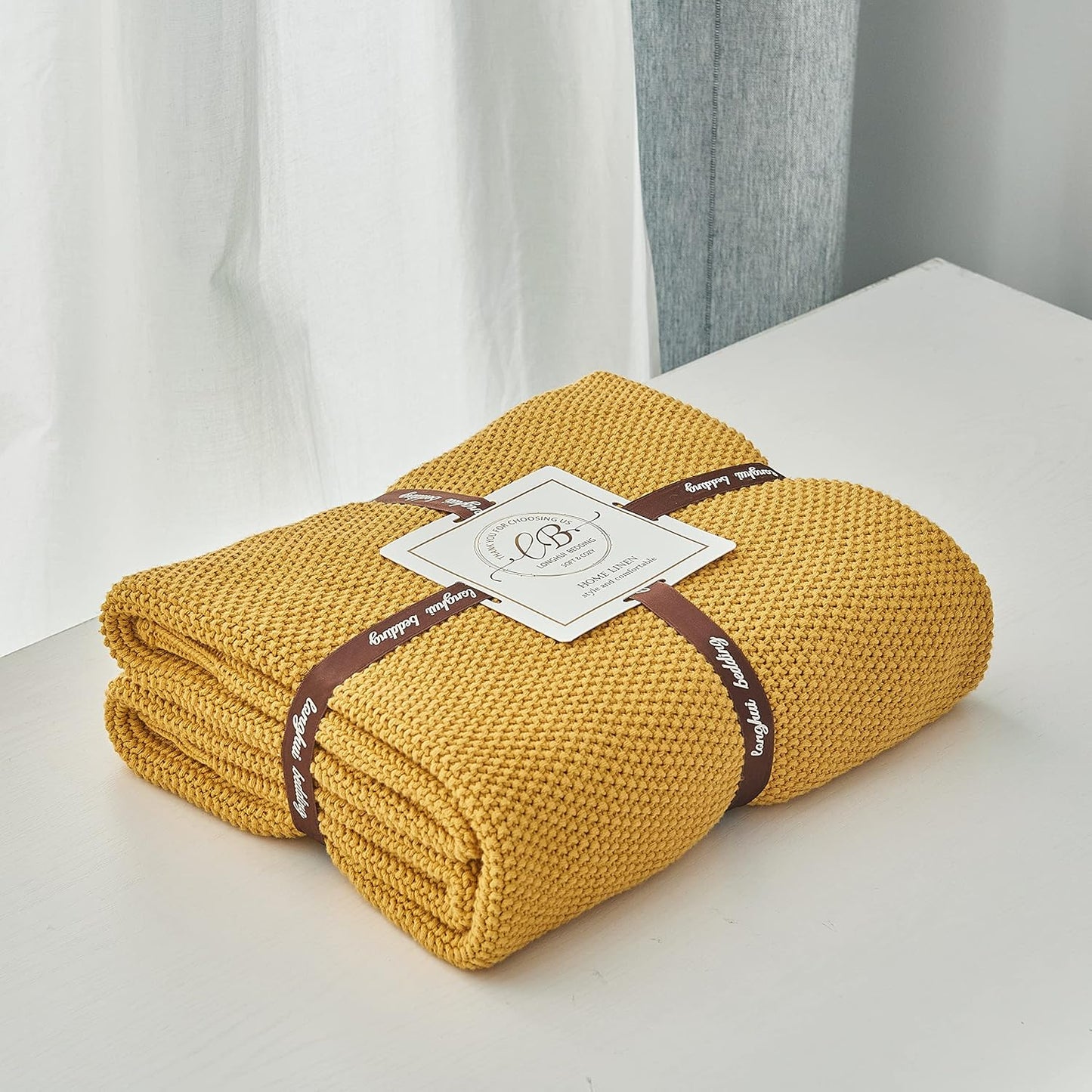 Mustard Yellow Cotton Cable Knit Throw Blanket for Couch Sofa Bed, Home Decorative Lightweight Knitted Blankets with Bonus Laundering Bag, 50“ x 60”, Machine Washable