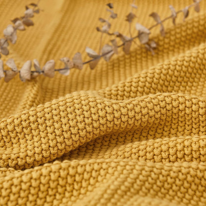 Mustard Yellow Cotton Cable Knit Throw Blanket for Couch Sofa Bed, Home Decorative Lightweight Knitted Blankets with Bonus Laundering Bag, 50“ x 60”, Machine Washable