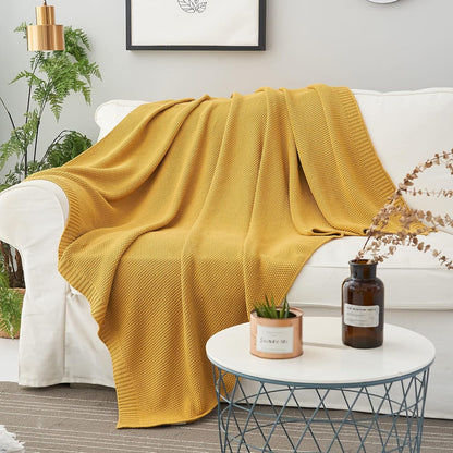 Mustard Yellow Cotton Cable Knit Throw Blanket for Couch Sofa Bed, Home Decorative Lightweight Knitted Blankets with Bonus Laundering Bag, 50“ x 60”, Machine Washable