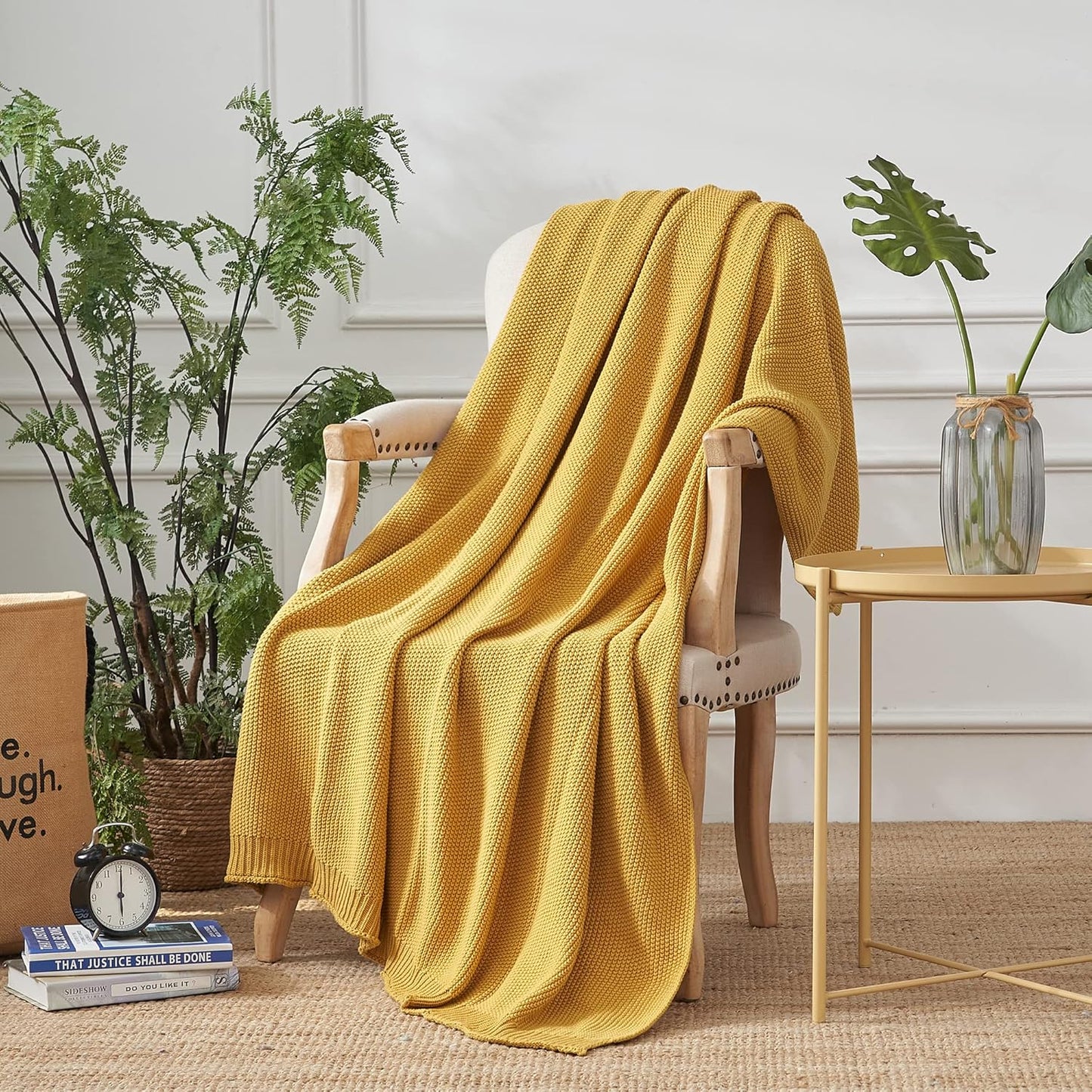 Mustard Yellow Cotton Cable Knit Throw Blanket for Couch Sofa Bed, Home Decorative Lightweight Knitted Blankets with Bonus Laundering Bag, 50“ x 60”, Machine Washable