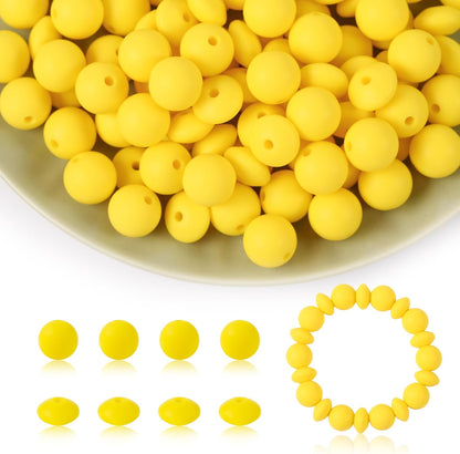 100Pcs Silicone Beads, 12mm Round and Lentil Beads for Keychain, Pen, Necklace, Bracelet Crafts Making, Bright Yellow