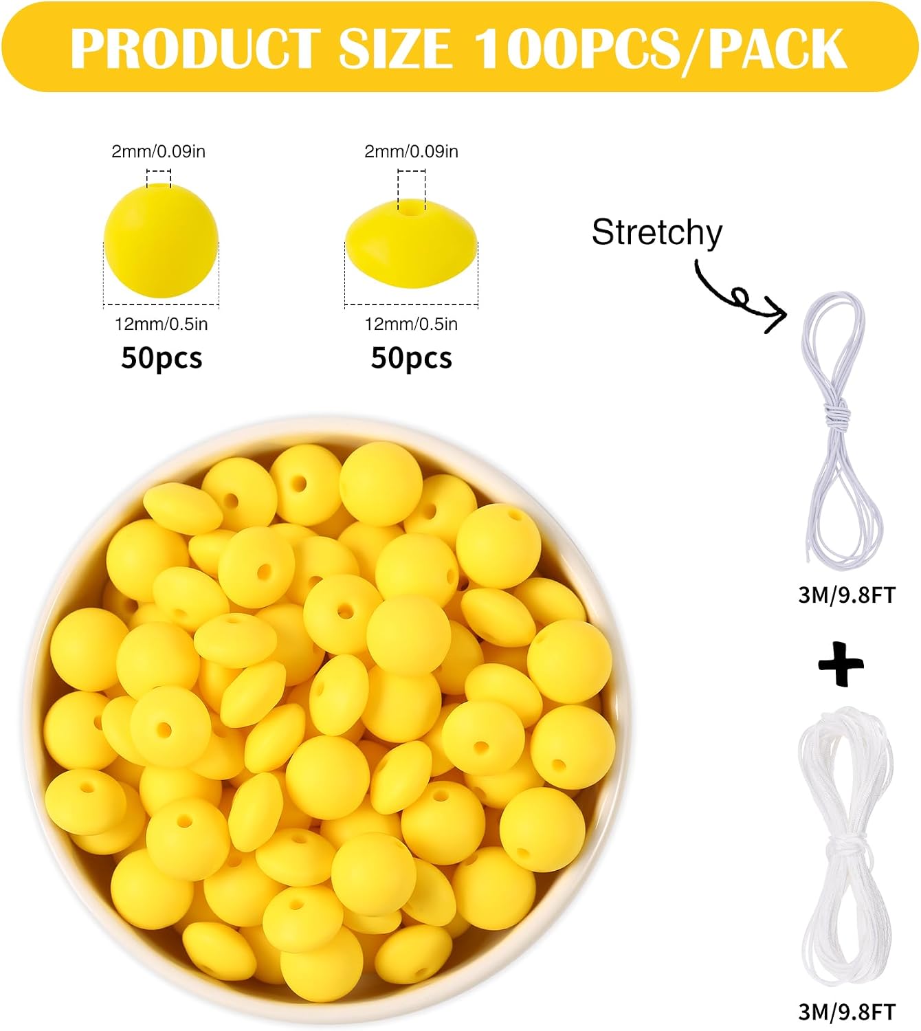 100Pcs Silicone Beads, 12mm Round and Lentil Beads for Keychain, Pen, Necklace, Bracelet Crafts Making, Bright Yellow
