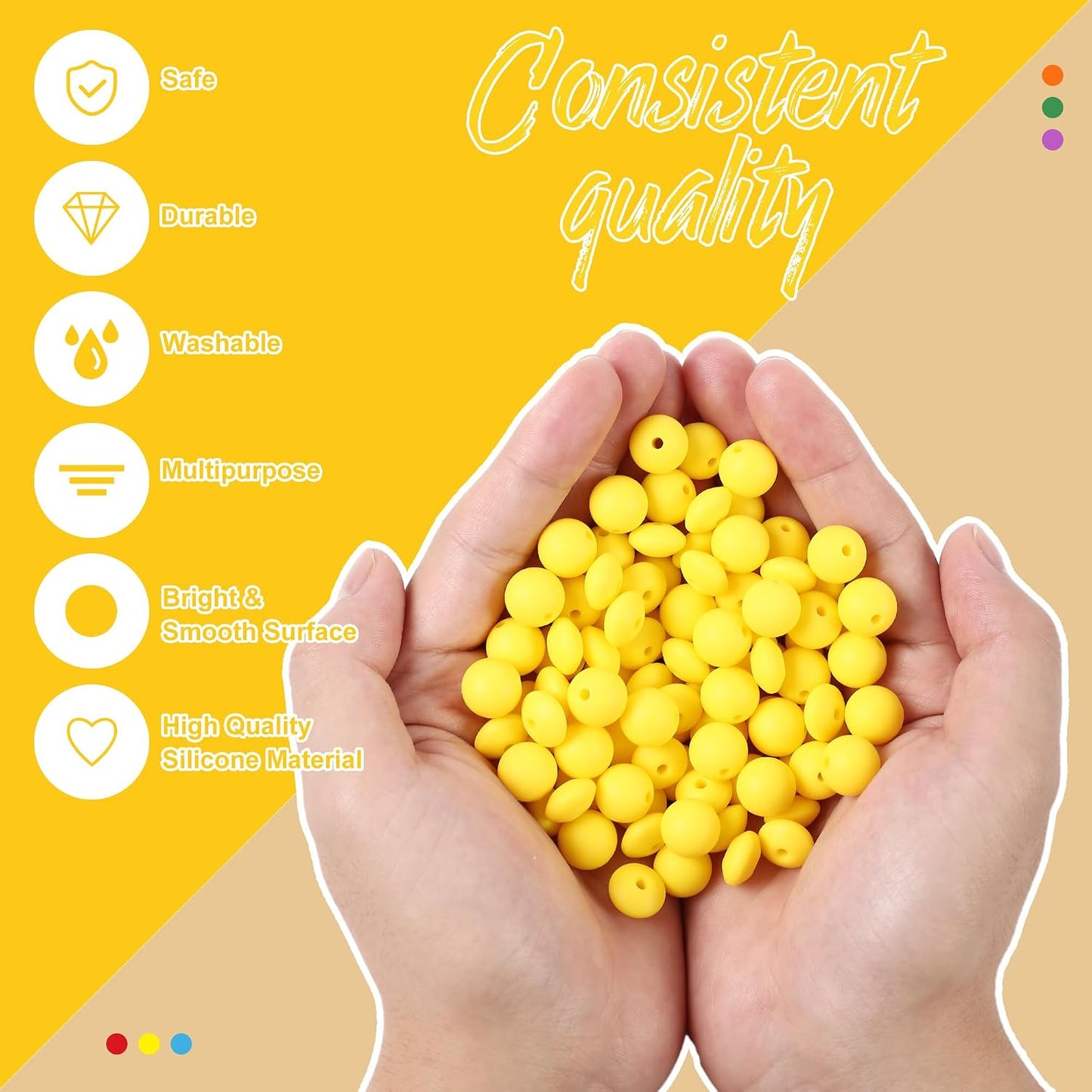 100Pcs Silicone Beads, 12mm Round and Lentil Beads for Keychain, Pen, Necklace, Bracelet Crafts Making, Bright Yellow