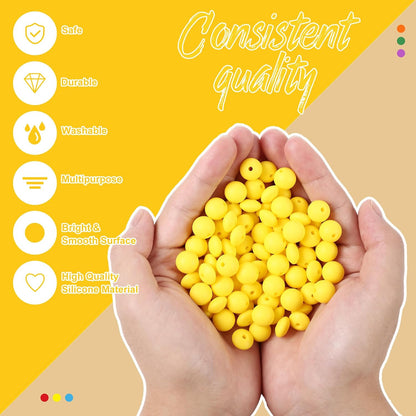 100Pcs Silicone Beads, 12mm Round and Lentil Beads for Keychain, Pen, Necklace, Bracelet Crafts Making, Bright Yellow