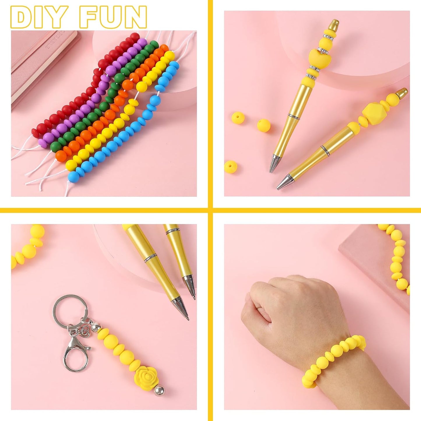 100Pcs Silicone Beads, 12mm Round and Lentil Beads for Keychain, Pen, Necklace, Bracelet Crafts Making, Bright Yellow
