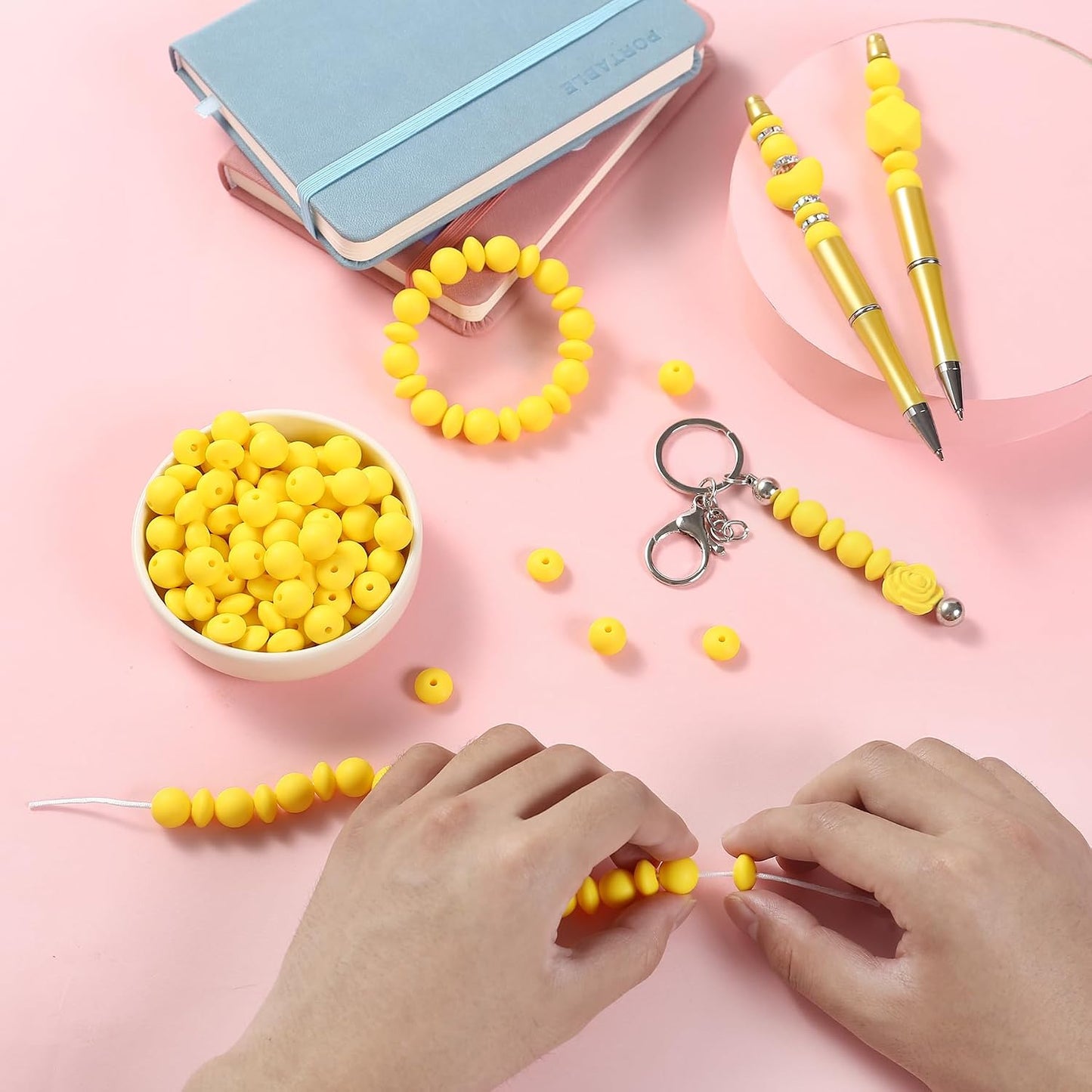 100Pcs Silicone Beads, 12mm Round and Lentil Beads for Keychain, Pen, Necklace, Bracelet Crafts Making, Bright Yellow
