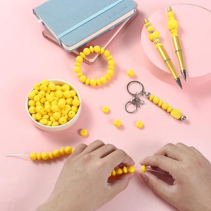 100Pcs Silicone Beads, 12mm Round and Lentil Beads for Keychain, Pen, Necklace, Bracelet Crafts Making, Bright Yellow