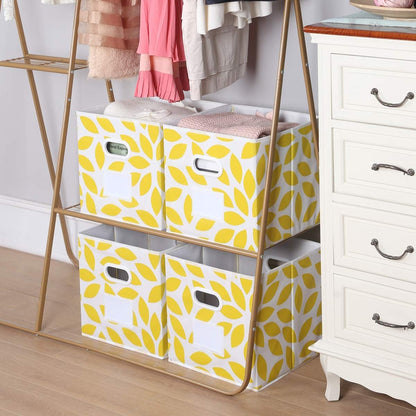 Fabric Storage Bins Cubes Baskets Containers with Dual Plastic Handles for Home Closet Bedroom Drawers Organizers, Flodable, Set of 6 (Yellow)