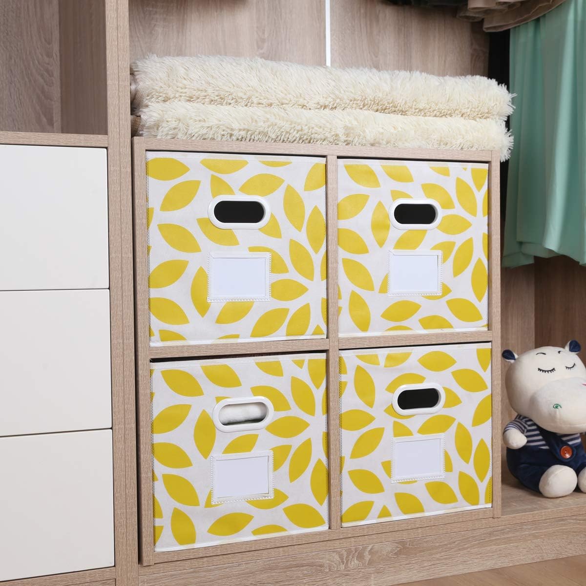 Fabric Storage Bins Cubes Baskets Containers with Dual Plastic Handles for Home Closet Bedroom Drawers Organizers, Flodable, Set of 6 (Yellow)