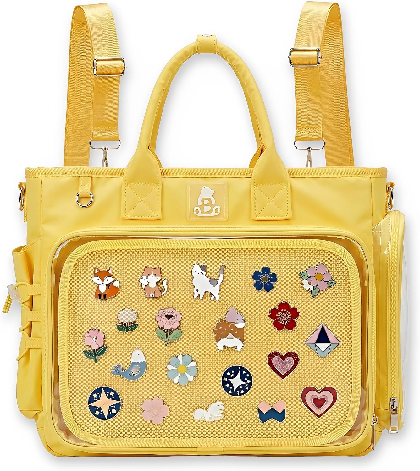 Large Ita Backpack Crossbody Tote Bag, Pin Display Purse, Yellow | 4-Way Convertible Kawaii Pin Backpack with Clear Window Mesh Texture Insert for Kpop Fan Anime Cosplay (Pins Not Included)