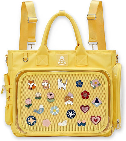 Large Ita Backpack Crossbody Tote Bag, Pin Display Purse, Yellow | 4-Way Convertible Kawaii Pin Backpack with Clear Window Mesh Texture Insert for Kpop Fan Anime Cosplay (Pins Not Included)