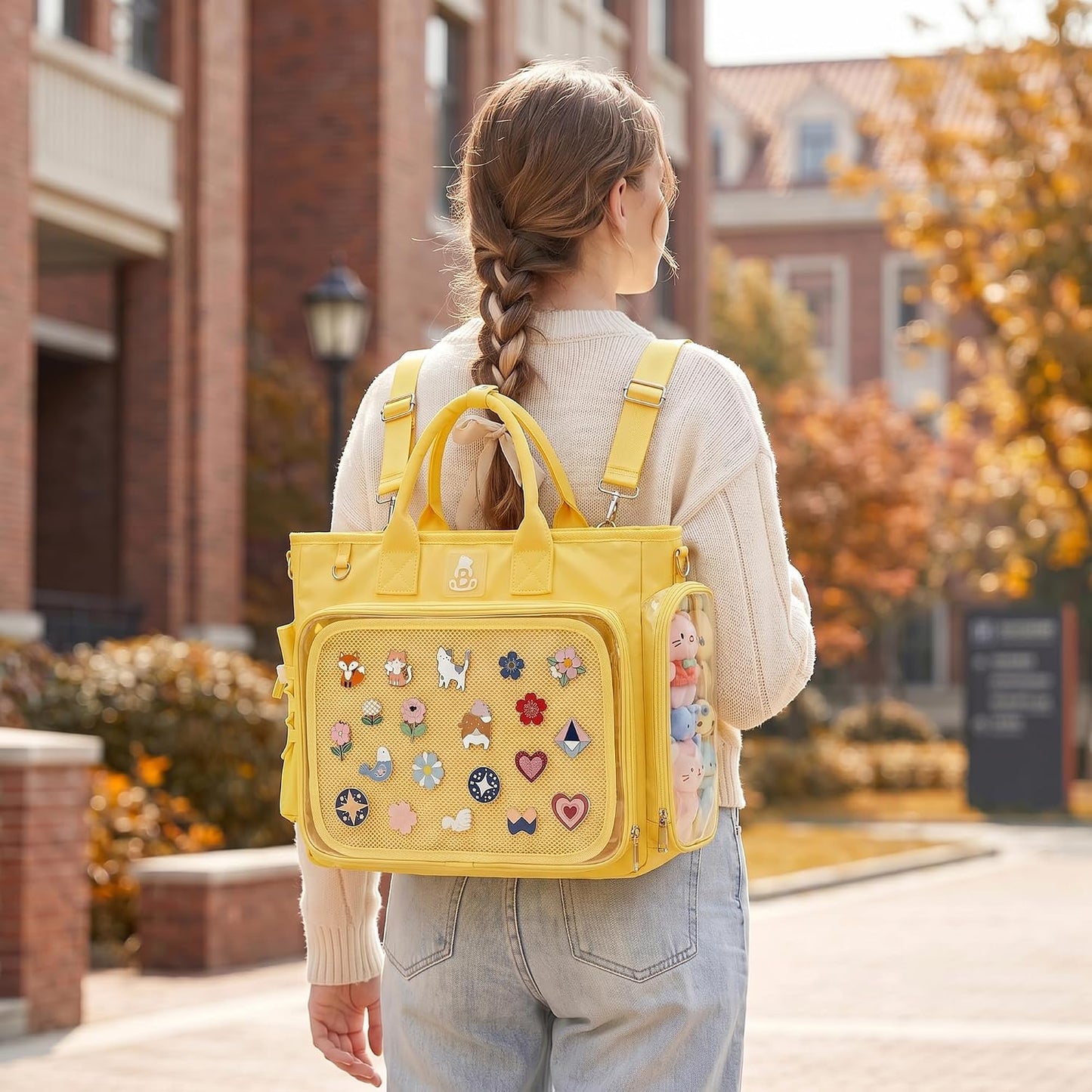 Large Ita Backpack Crossbody Tote Bag, Pin Display Purse, Yellow | 4-Way Convertible Kawaii Pin Backpack with Clear Window Mesh Texture Insert for Kpop Fan Anime Cosplay (Pins Not Included)