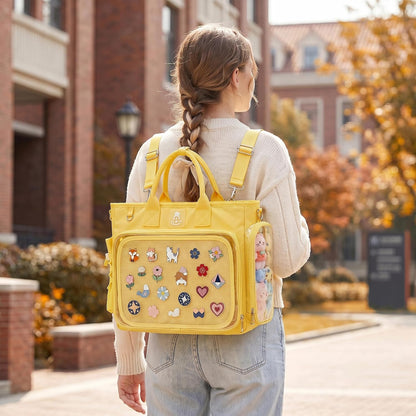 Large Ita Backpack Crossbody Tote Bag, Pin Display Purse, Yellow | 4-Way Convertible Kawaii Pin Backpack with Clear Window Mesh Texture Insert for Kpop Fan Anime Cosplay (Pins Not Included)