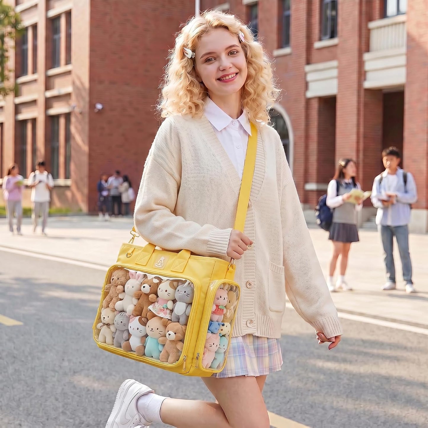 Large Ita Backpack Crossbody Tote Bag, Pin Display Purse, Yellow | 4-Way Convertible Kawaii Pin Backpack with Clear Window Mesh Texture Insert for Kpop Fan Anime Cosplay (Pins Not Included)
