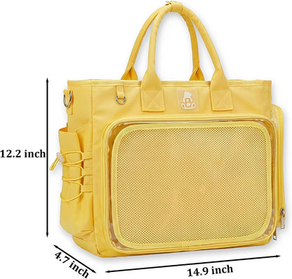 Large Ita Backpack Crossbody Tote Bag, Pin Display Purse, Yellow | 4-Way Convertible Kawaii Pin Backpack with Clear Window Mesh Texture Insert for Kpop Fan Anime Cosplay (Pins Not Included)