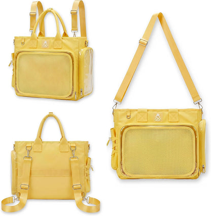 Large Ita Backpack Crossbody Tote Bag, Pin Display Purse, Yellow | 4-Way Convertible Kawaii Pin Backpack with Clear Window Mesh Texture Insert for Kpop Fan Anime Cosplay (Pins Not Included)