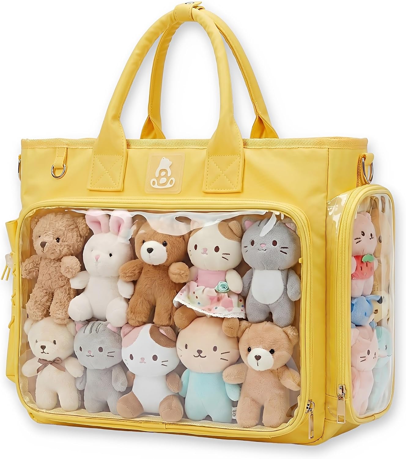 Large Ita Backpack Crossbody Tote Bag, Pin Display Purse, Yellow | 4-Way Convertible Kawaii Pin Backpack with Clear Window Mesh Texture Insert for Kpop Fan Anime Cosplay (Pins Not Included)